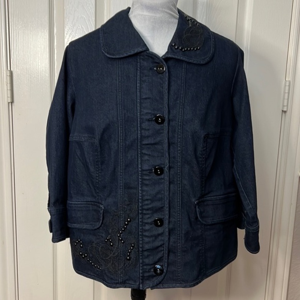 Lane Bryant Dark Wash Blue Stretch Jean Jacket with Embroidery Size 14/16 - Picture 3 of 13